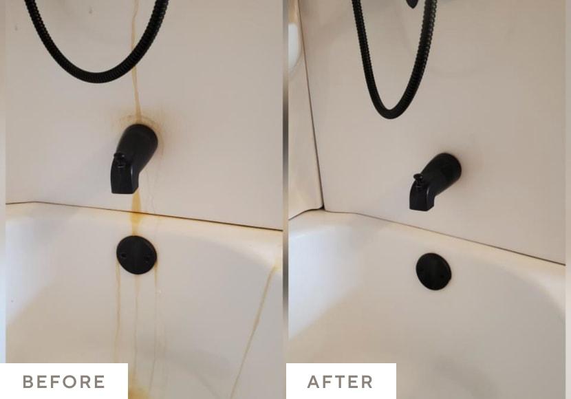 A stained bath tub cleaned white after Oxygen Boost