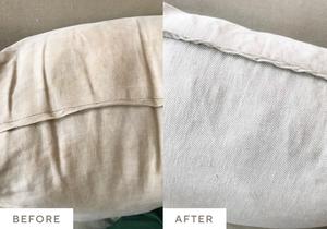 Large brown stains on a white pillow cleaned with Oxygen Boost