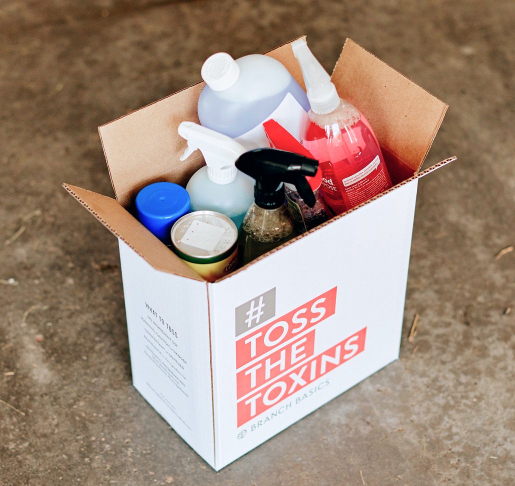 Box of toxic cleaning products